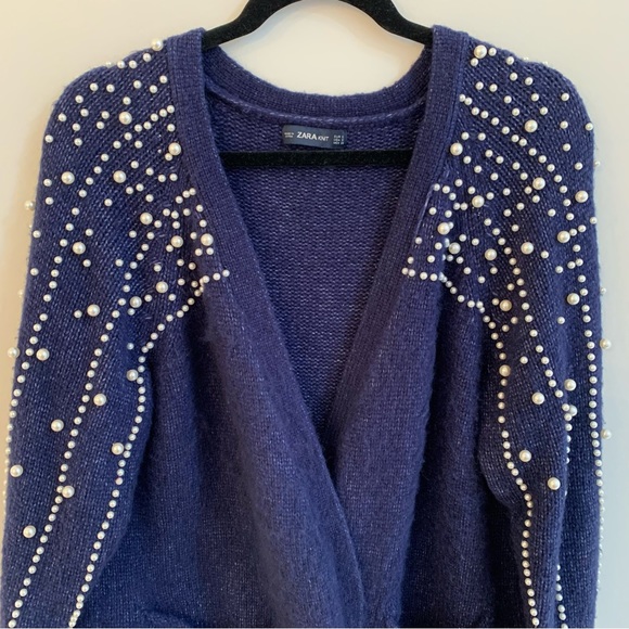 Zara Navy Blue Pearl Long Cardigan Size Small - Picture 4 of 9